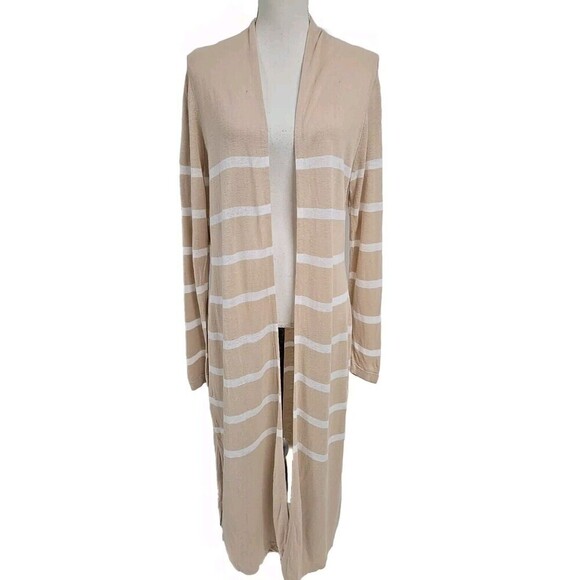 Max Studio Duster Long Cardigan Linen Blend White Tan Striped Women’s Size XL - Picture 2 of 8